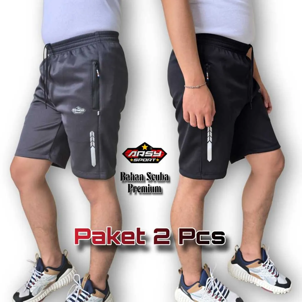 Arsy Sport - Paket 2 Pcs - Celana Running Pria Wanita Short Pant Gym SC003 - Bahan Scuba Elastic Adem Nyaman