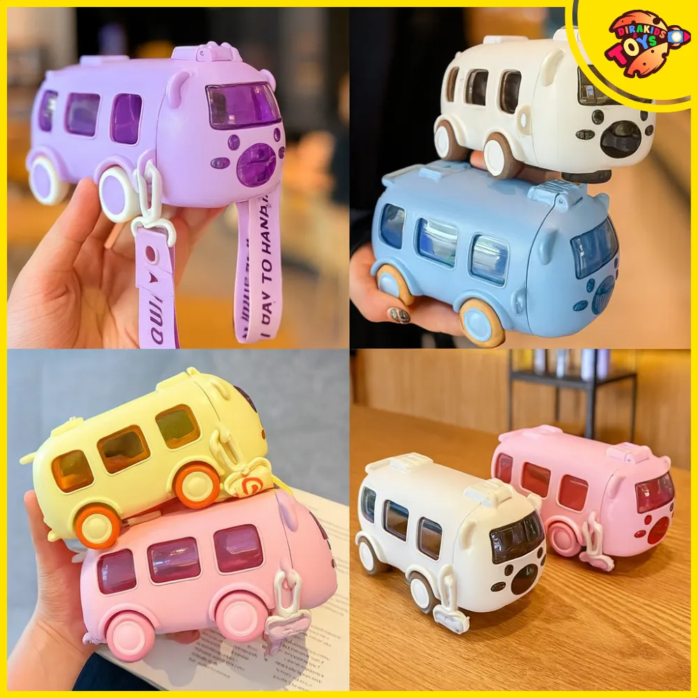 Dirakids Botol Minum Anak Bentuk Mobil Bus Botol Tritan Mainan Anak Kapasitas 500 ML Free Sedotan Tali Panjang