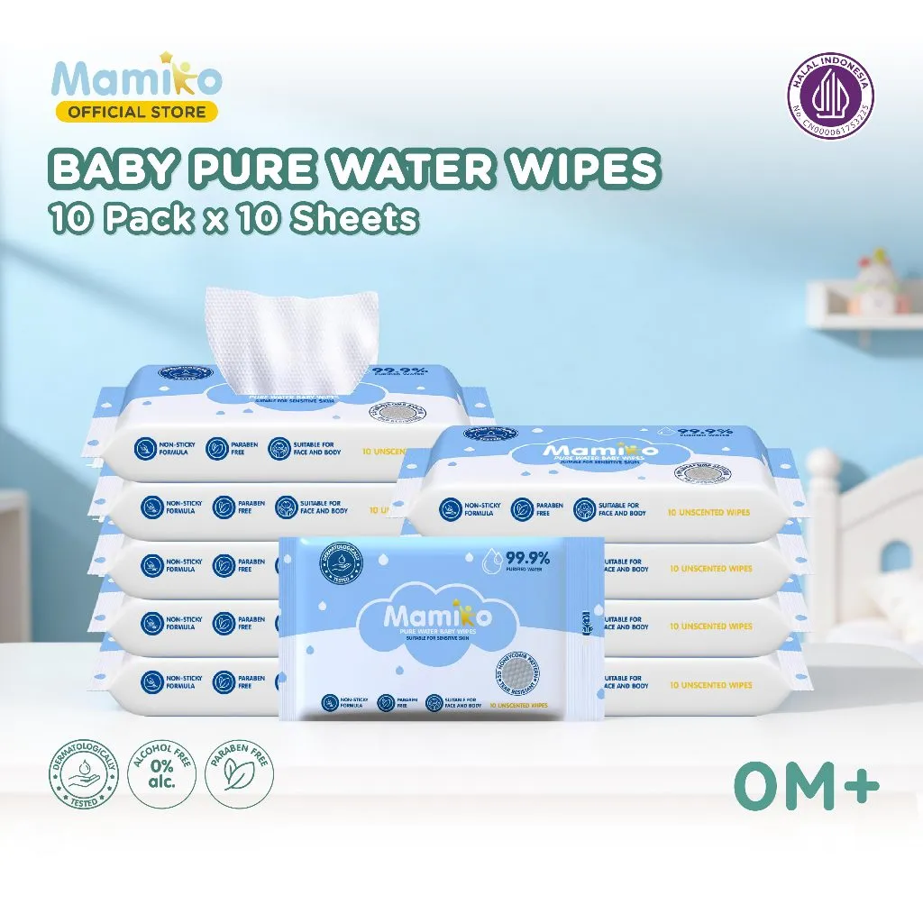 Mamiko Wet Tissue Baby Wipes Pure Water Hand Mouth 10s (10 pack) | Tisu Basah Bayi | Pure water baby wipes | Tissue Basah No Alkohol No Perfume