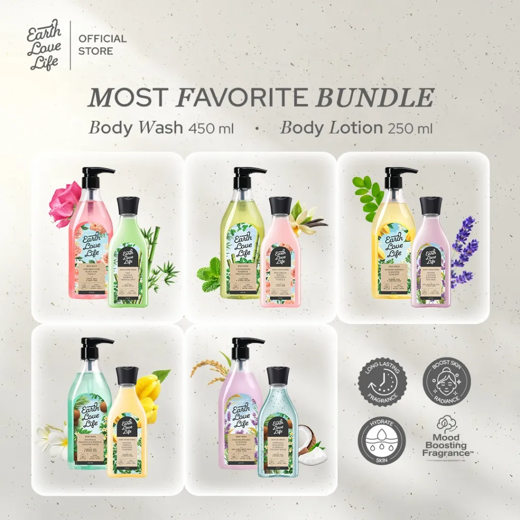 [MOST FAVORITE BUNDLE LEBARAN] Earth Love Life Body Wash 450ml & Body Lotion 250ml Sabun Wangi | Sabun Mandi Cair | Sabun Melembabkan | Sabun Jerawat Punggung | Lotion Wangi | Lotion Mencerahkan | Spf