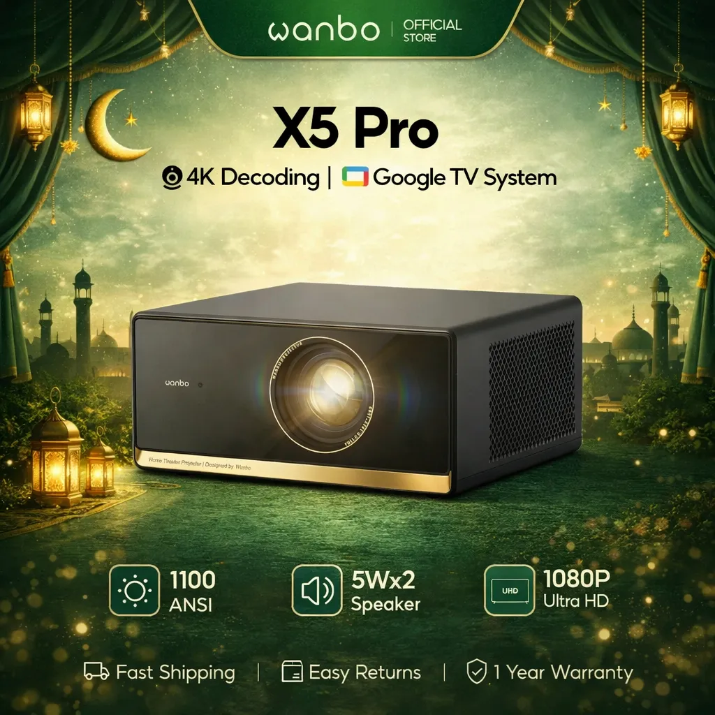 Wanbo X5 Pro Proyektor Google TV FHD 1080P 2x5W HiFi Stereo Speakers 1100 ANSI Lumens Smart Projector