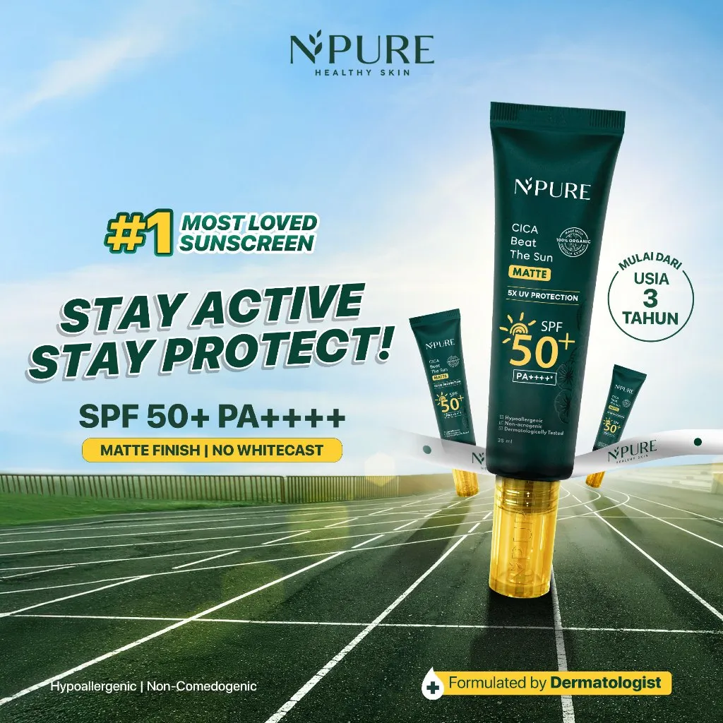 NPURE Sunscreen Cica (Centella) Beat The Sun Matte SPF 50+ PA++++ 35 ml / Jerawat / Oil Control / Matte Finish / Tekstur Ringan / No alcohol / Oily Skin / Acne Sunscreen / Hypoallergenic / Dermatologically / Non Acnegenic / Aman Bumil Busui / HALAL