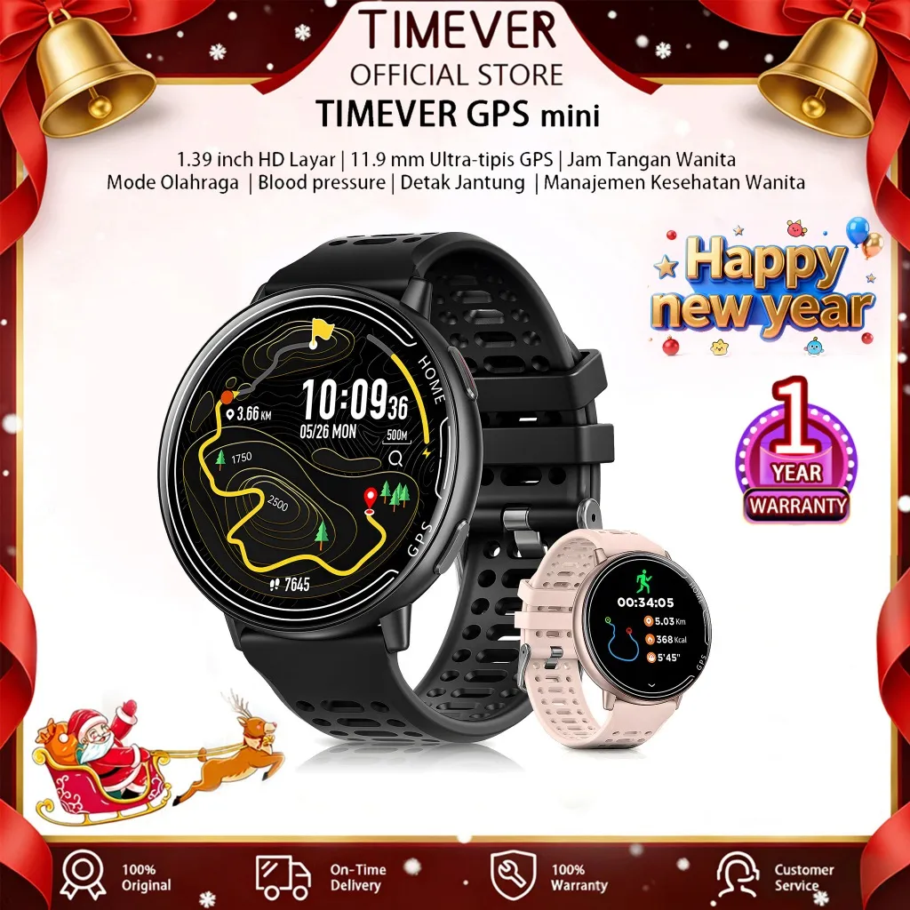 TIMEVER GPS mini Smartwatch Strava Tahan Air 1ATM Kesehatan 24 Jam kaca berbentuk Running Pace Smart watch Pria vivoactive