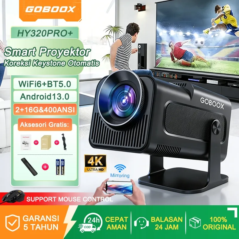 GOBOOX HY320PRO+ Smart Proyektor Android 13.0 2+16G 4K Full HD WiFi6 YouTube Netflix Infocus Proyektor Mini MirrorLink Bluetooth 5.0 Auto Keystone LCD 400 ANSI With Speaker HiFi