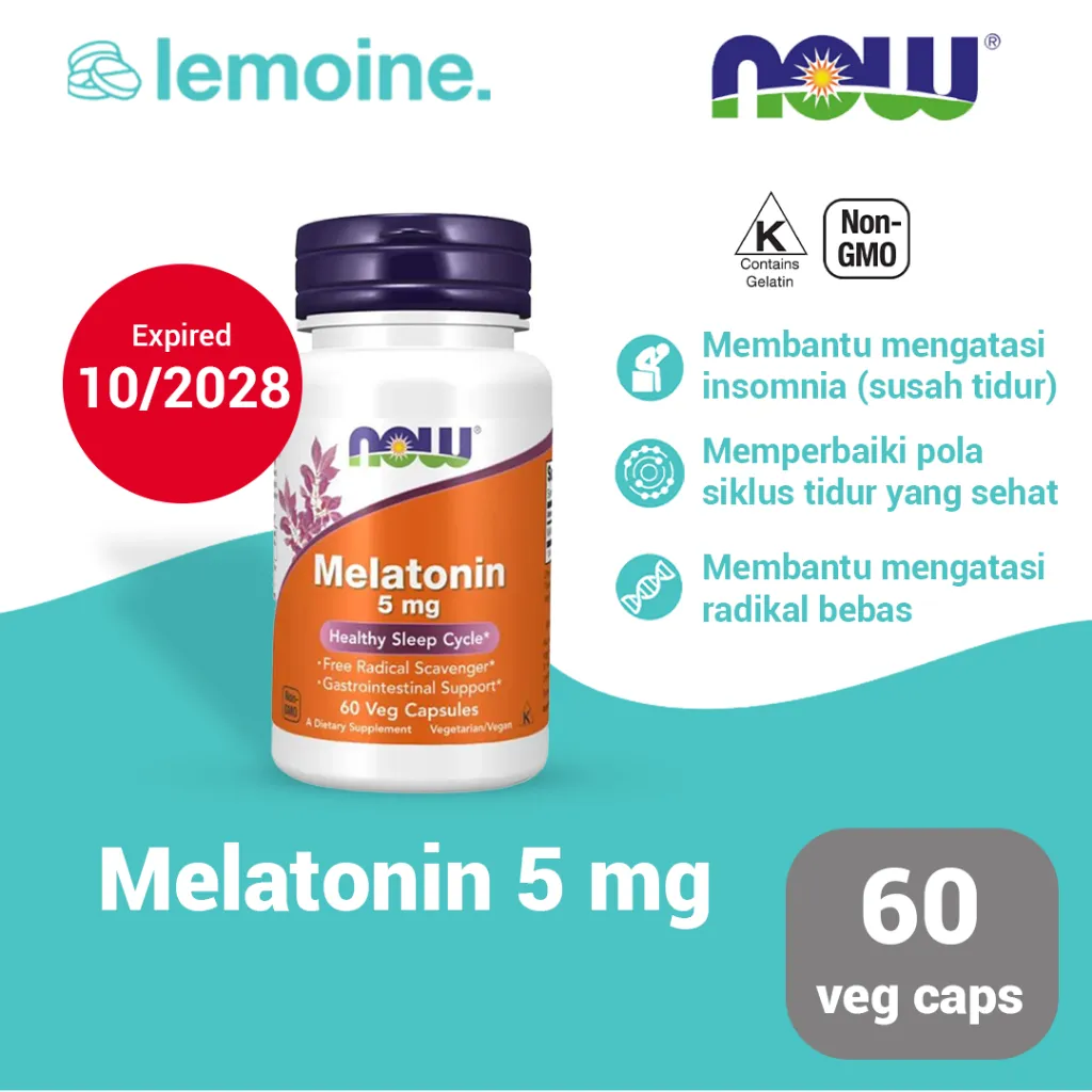 NOW Foods Melatonin 5mg Suplemen untuk Mengatasi Masalah Susah Tidur 60 capsules