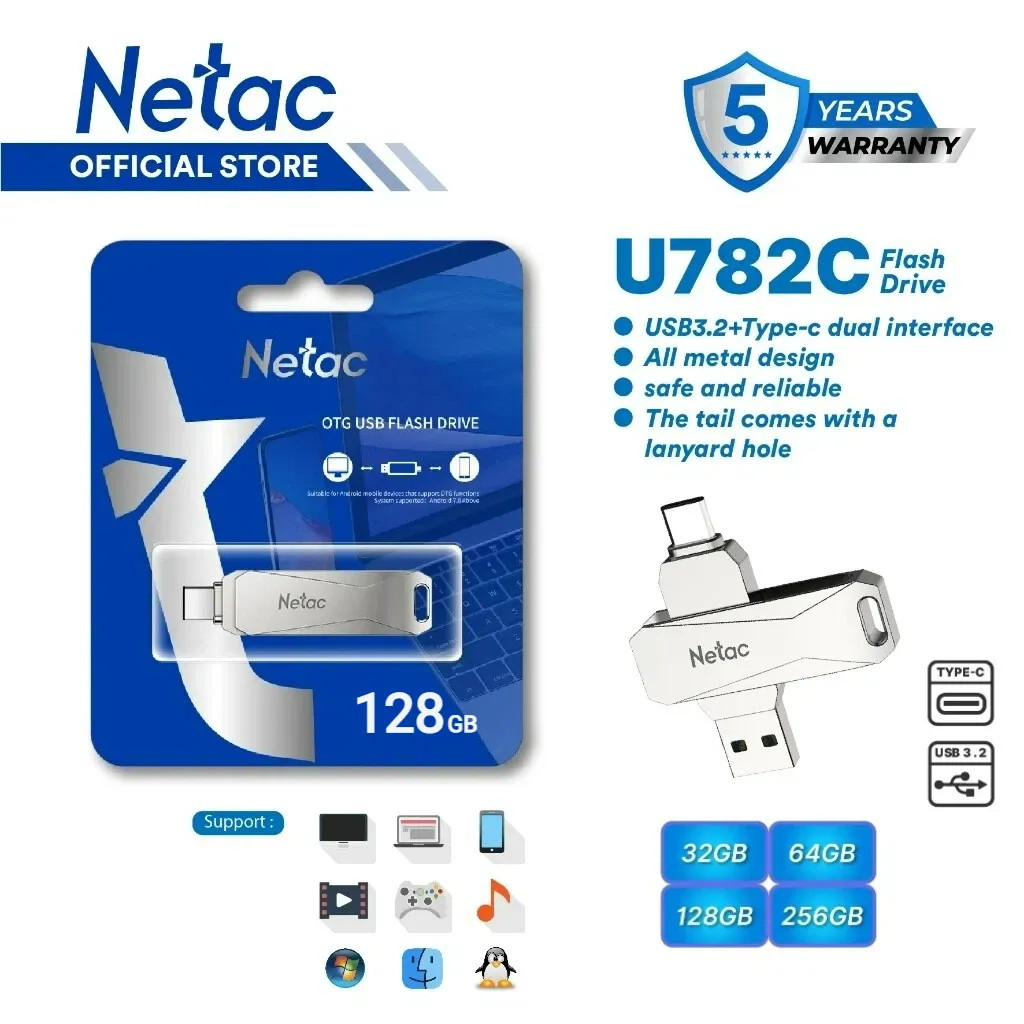 Netac OTG Flashdisk U782C USB 3.2 + Type-C Dual Flash Drive 32GB/64GB/128GB/256GB Flash Disk up to 110MB/s