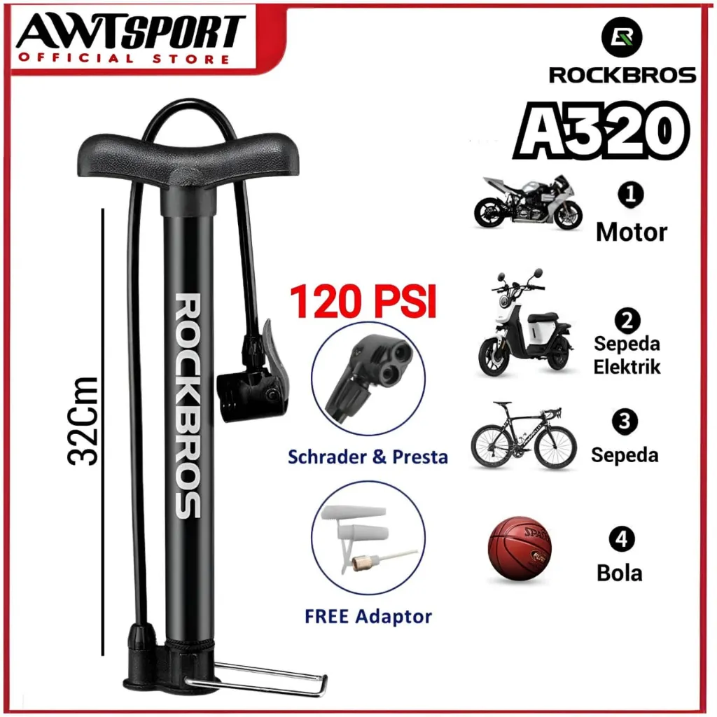 ROCKBROS Pompa Ban Sepeda 120 PSi Motor Bola Kaki Bike Air Pump A320 Portable Alluminuim