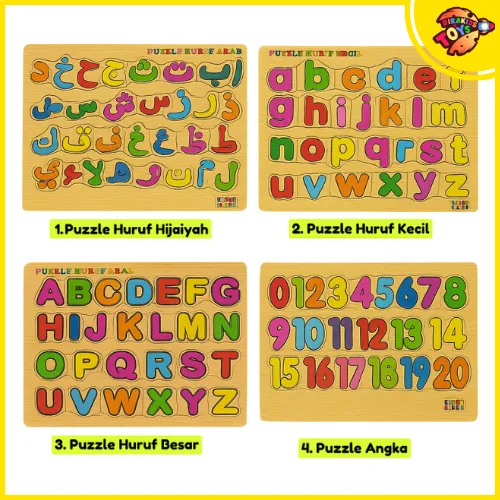 Dirakids Mainan Kayu Anak Edukasi Paket 4 Puzzle Huruf Besar Kecil Hijaiyah Angka Nomer 1-20 Abjad Arab