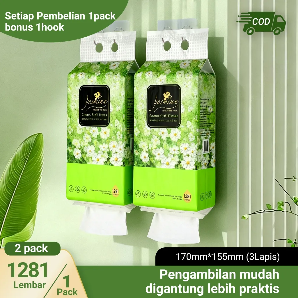 [2 pack][2 hook free] Yasimie Tisu Gantung tebal 3 PLY 1281 Wajah Halus kertas tisu Soft Facial Tissue tebal 3 PLY 1281 Helai untuk pakai dirumah Tisu makanan dengan kemasaan besar