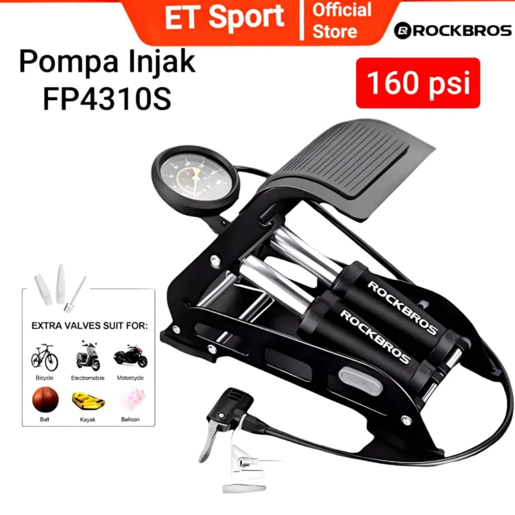ROCKBROS Pompa Ban Sepeda Injak FP4310S Double Silinder 160 psi Pentil Besar Kecil Pump Motor Mobil