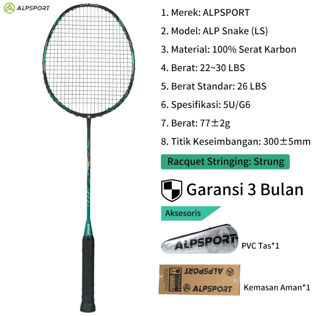 ALPSPORT V5 Scale Snake Raket Bulutangkis Max 30LBS 5U G6 Wave Frame 100% Original Authentic Carbon Fiber Raket Serangan Ringan ALPSPORT V5 Scale Snake Badminton Racket V5 3.0 Pro