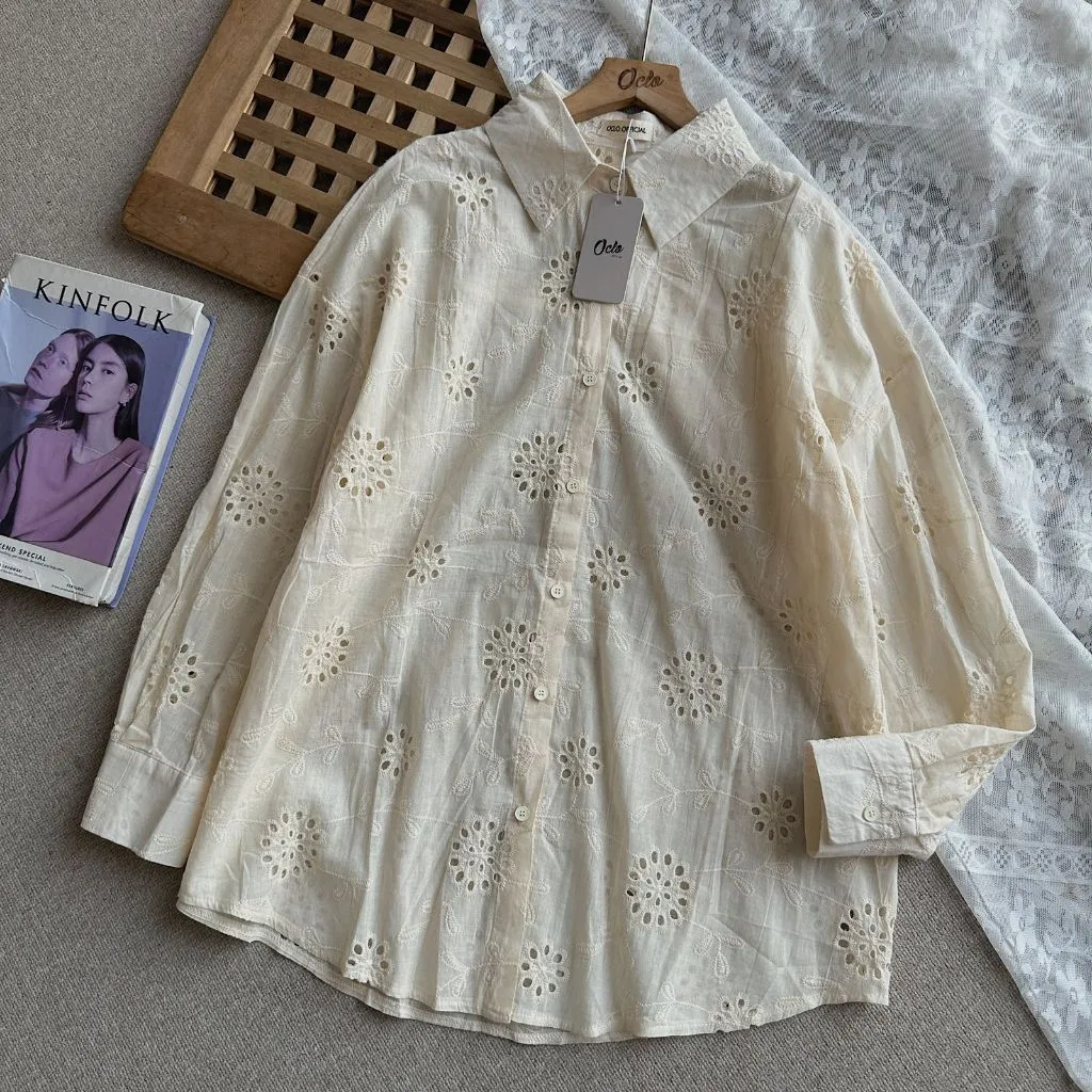 Oclo Detala Shirt Baju Atasan Wanita Kemeja Katun Embroidery Vintage Kekinian Lengan Panjang Korean Style  OCL02360