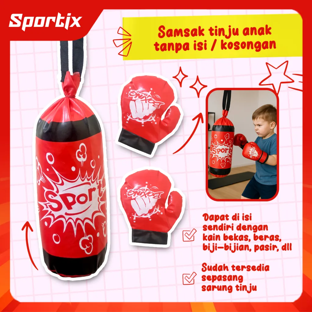 Sportix - Samsak Tinju Anak Kosongan + Sarung Tangan Boxing Kids Motif Super Hero