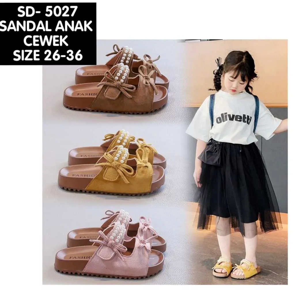 (LOLI-JKT) SD- 5027 SANDAL SLIP ON ANAK CEWEK VARIASI PITA MUTIARA 3 WARNA SIZE 26-36