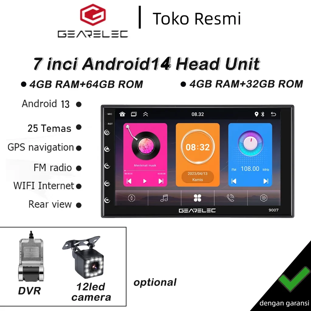 GEARELEC Double Din Universal Android14 Head Unit 7inci 4+64G Support GPS/Youtube/WIFI/48 Tema
