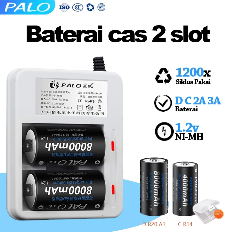 PALO Baterai D size 8000mah Rechargeable & Charger - Charger Baterai Cas untuk Size D/R20, C/RL14,  | Baterai 1.2V NI-MH 8000mAh 4000mAh - Bisa untuk Mainan, Lampu, Remote