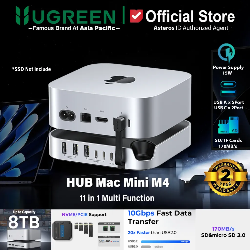 UGREEN HUB 11in1 Mac Mini M4 Type C Docking Station with M.2 SSD Enclosure Case 8TB USB3.2 10Gbps SD3.0 TF Cards