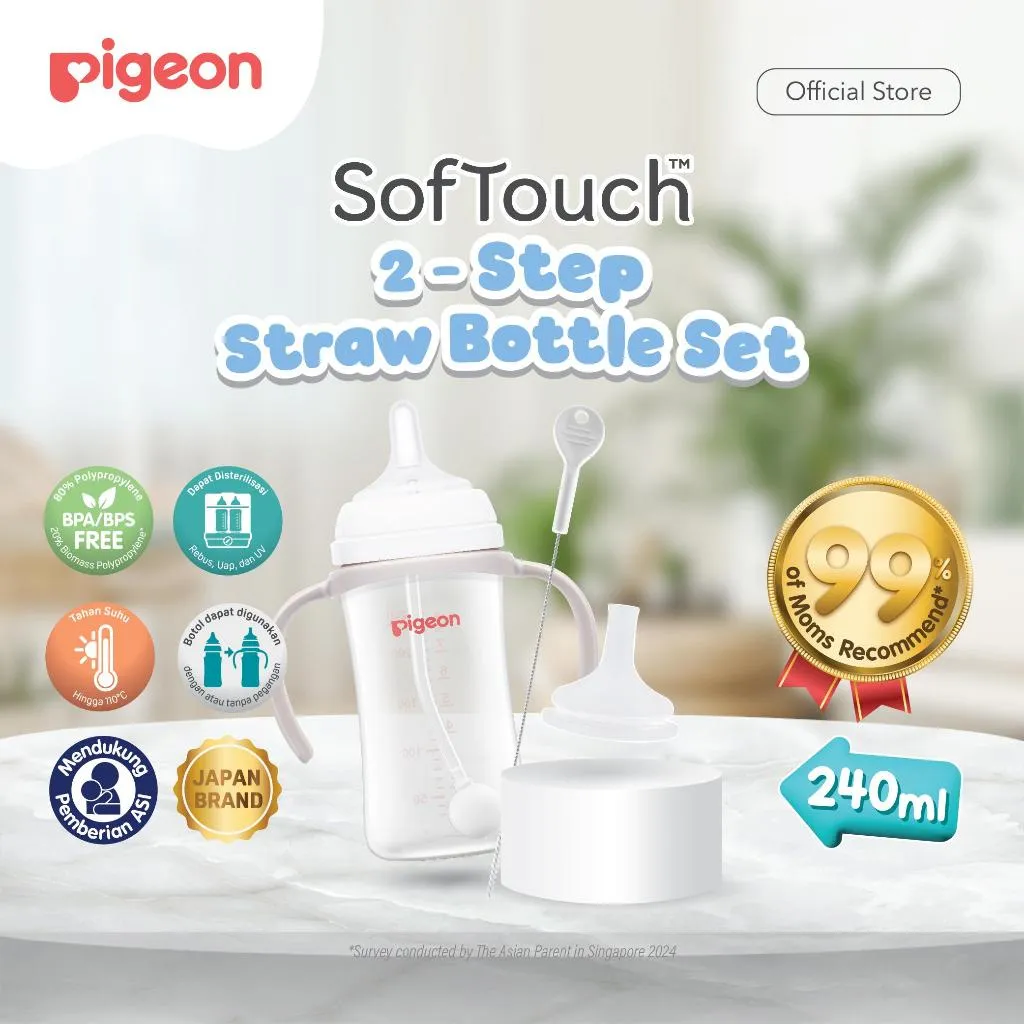 PIGEON Botol SofTouch 2-Step Straw Set 240ml | Botol Susu Transisi | Botol Susu Training Bayi | Anti Kolik Ganda | Ada Gravity Ball | Melatih Oromotor | Anti Bocor dan Tumpah | Botol Susu Dengan Sedotan | Gelas Minum Sedotan Bayi Training Straw