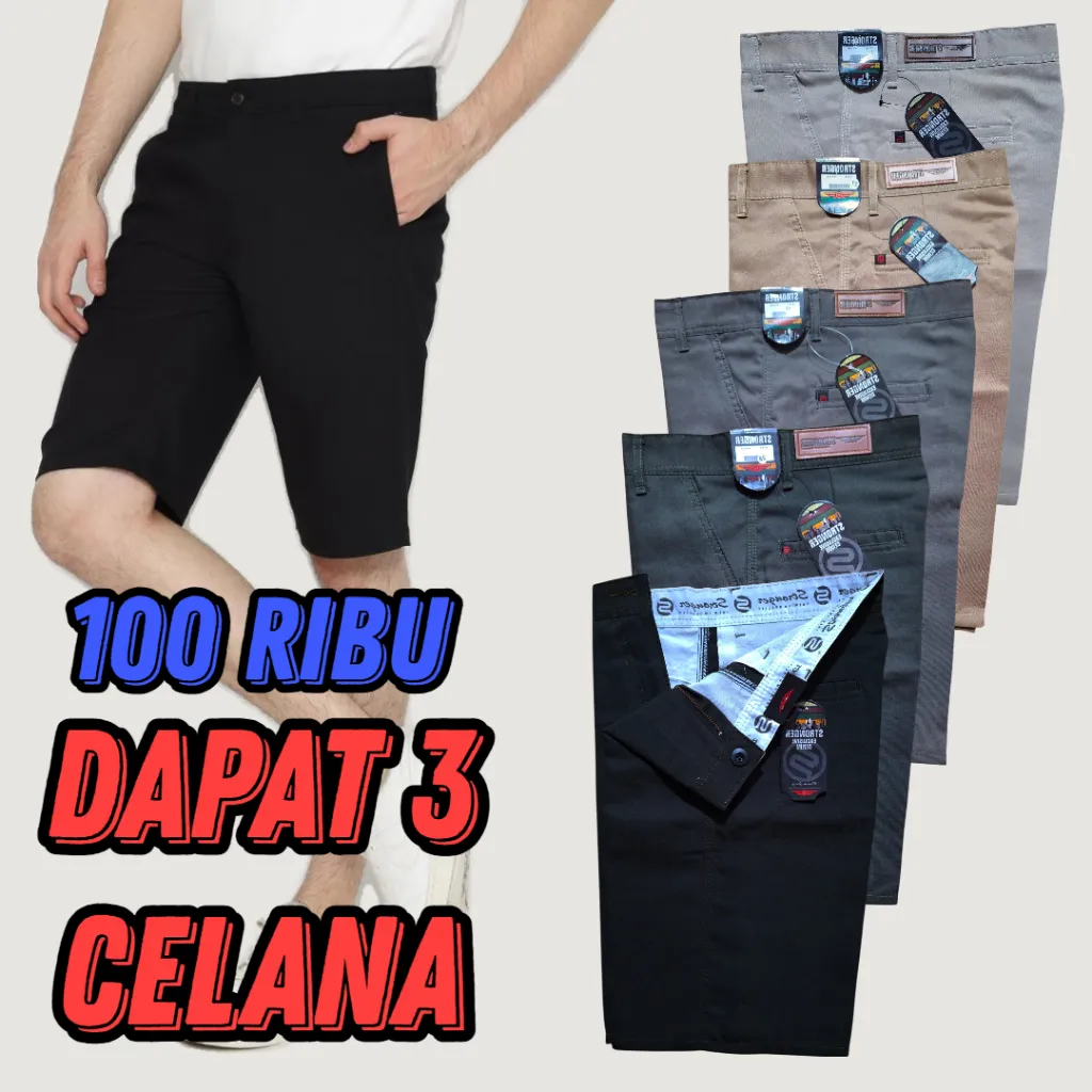 PROMO BESAR Celana Pendek Pria 3PCS – Chino Premium Tebal, Adem, Nyaman Dipakai Harian