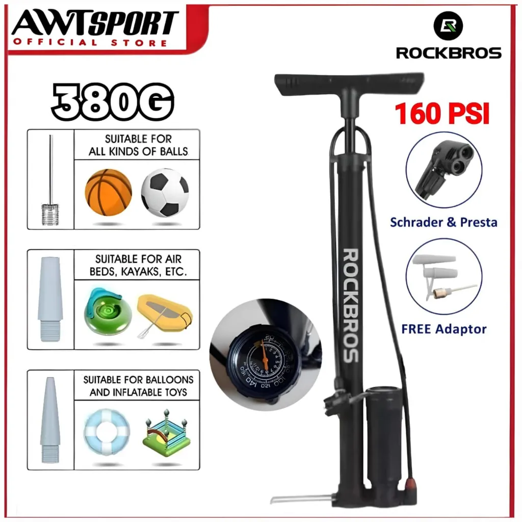 ROCKBROS Pompa Sepeda Motor 160 Psi Bola Basket Mobil RoadBike Mtb 380G Injak Barometer