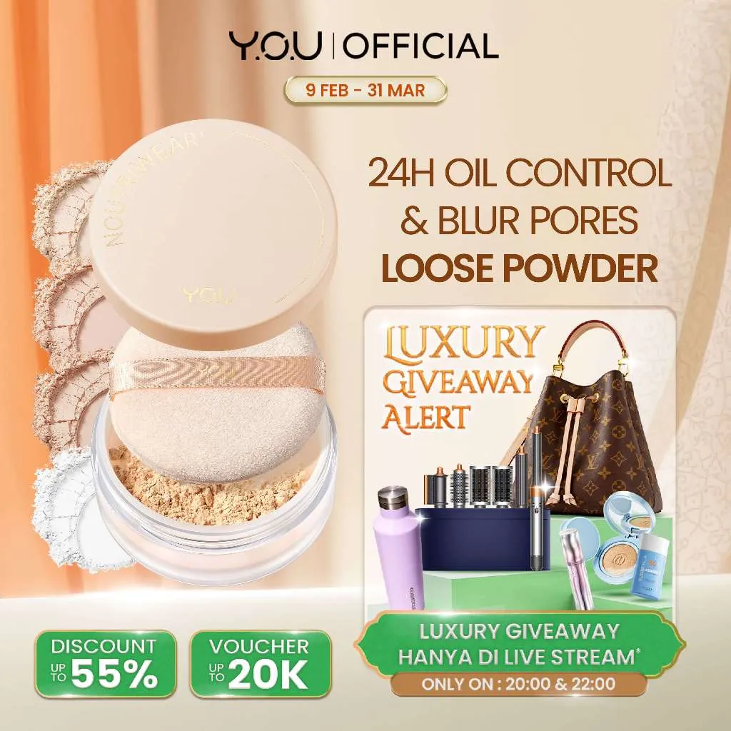 YOU NoutriWear+ Airy Fit Loose Powder Nourishing Oil Control | Bedak Tahan Lama 24 Jam | Bedak Tabur Tahan Air | Loose Powder Setting Powder