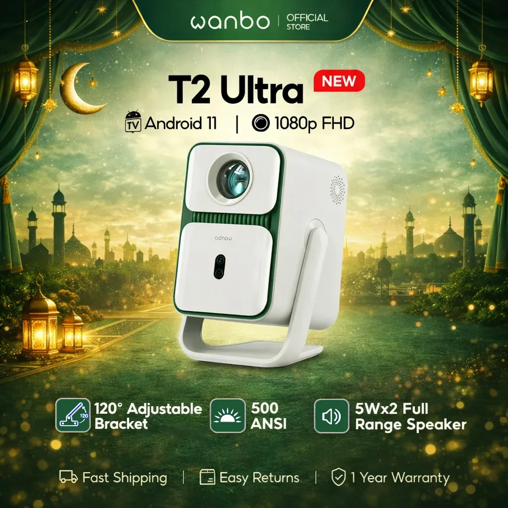 Wanbo T2 Ultra New Proyektor Android TV 5W*2 Speakers Auto-focus 1080P 500ANSI Lumens 120° Rotating Projection Android 11