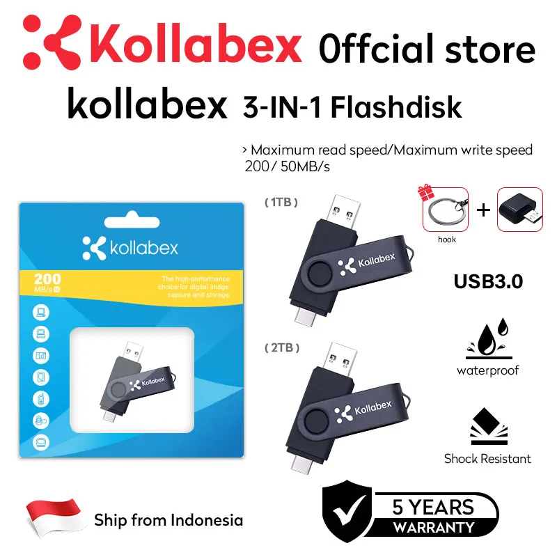 Kollabex Flashdisk OTG 3in1 USB3.0 Type-C&micro | Kapasitas 2TB/1TB Portabel Ponsel Android/Mobil/Laptop FlashDrive