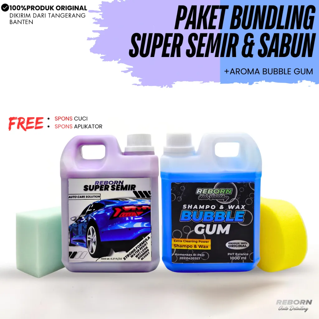 PAKET BUNDLING 2IN1 REBORN: Shampo & Wax Bubble Gum 1L + Super Semir Ban Mobil 1L | FREE Spons