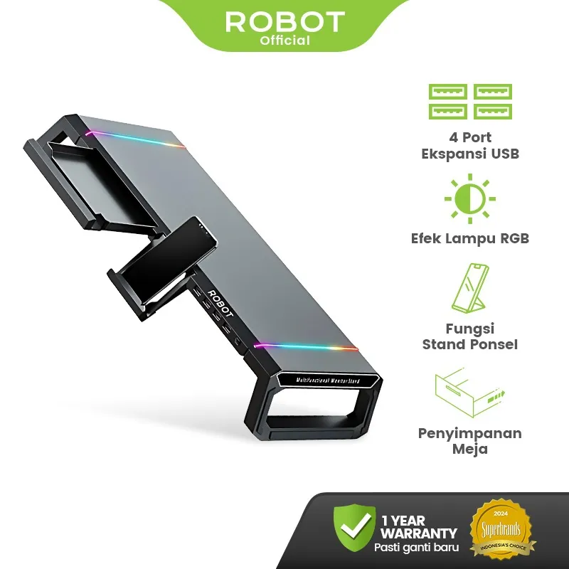 ROBOT LCD Monitor Stand Komputer Multifungsi 4 Port USB RGB Lampu 10 Mode Lipat Hemat Tempat with Hub Lighting RT-LMH01 Original - Garansi 1 Tahun