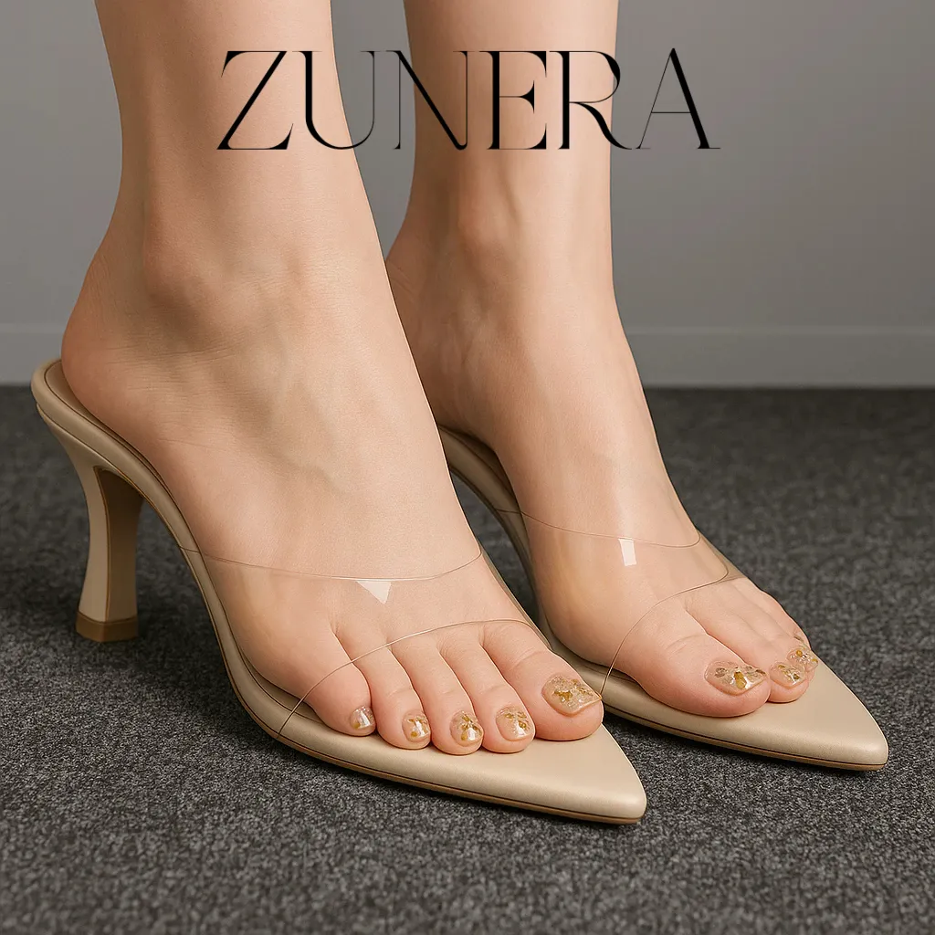 ZUNERA RENIE Heels Wanita Uper Clear Hils Tinggi 7cm Beige Tan Hitam Putih