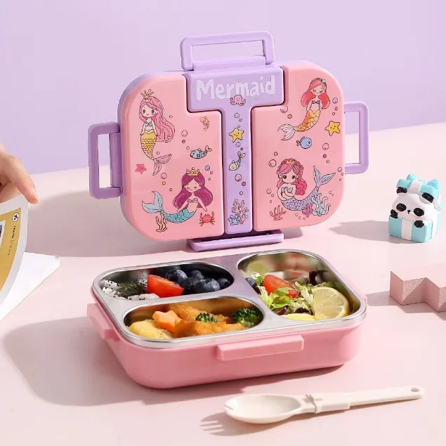 [ Dreamora Lunch box ] | LENOBI | Kotak Makan 3 Sekat + Stainless SUS 304 + Sendok Garpu + Kapasitas 600 ML | Bekal Anak Sekolah BPA FREE