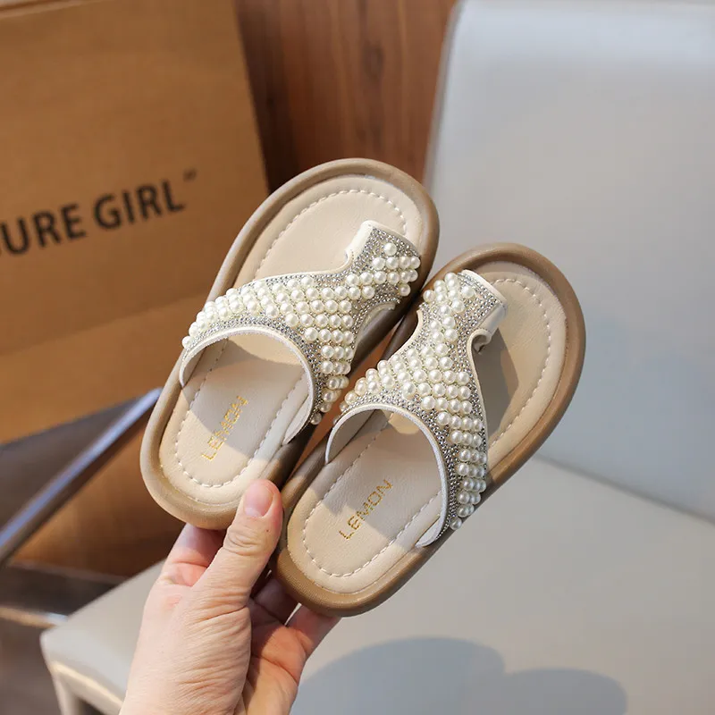Sandal Kulit Berlian Imitasi Mutiara Bersinar Untuk Bayi Perempuan Sepatu Anak Sol Lembut Santai Ujung Terbuka Trendi Usia 2-18 Tahun
