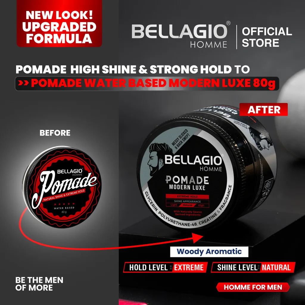 BELLAGIO Homme Pomade Natural Shine & Extreme Hold Modern Luxe (Black) 80gr Water Based Pomade Rambut Pria