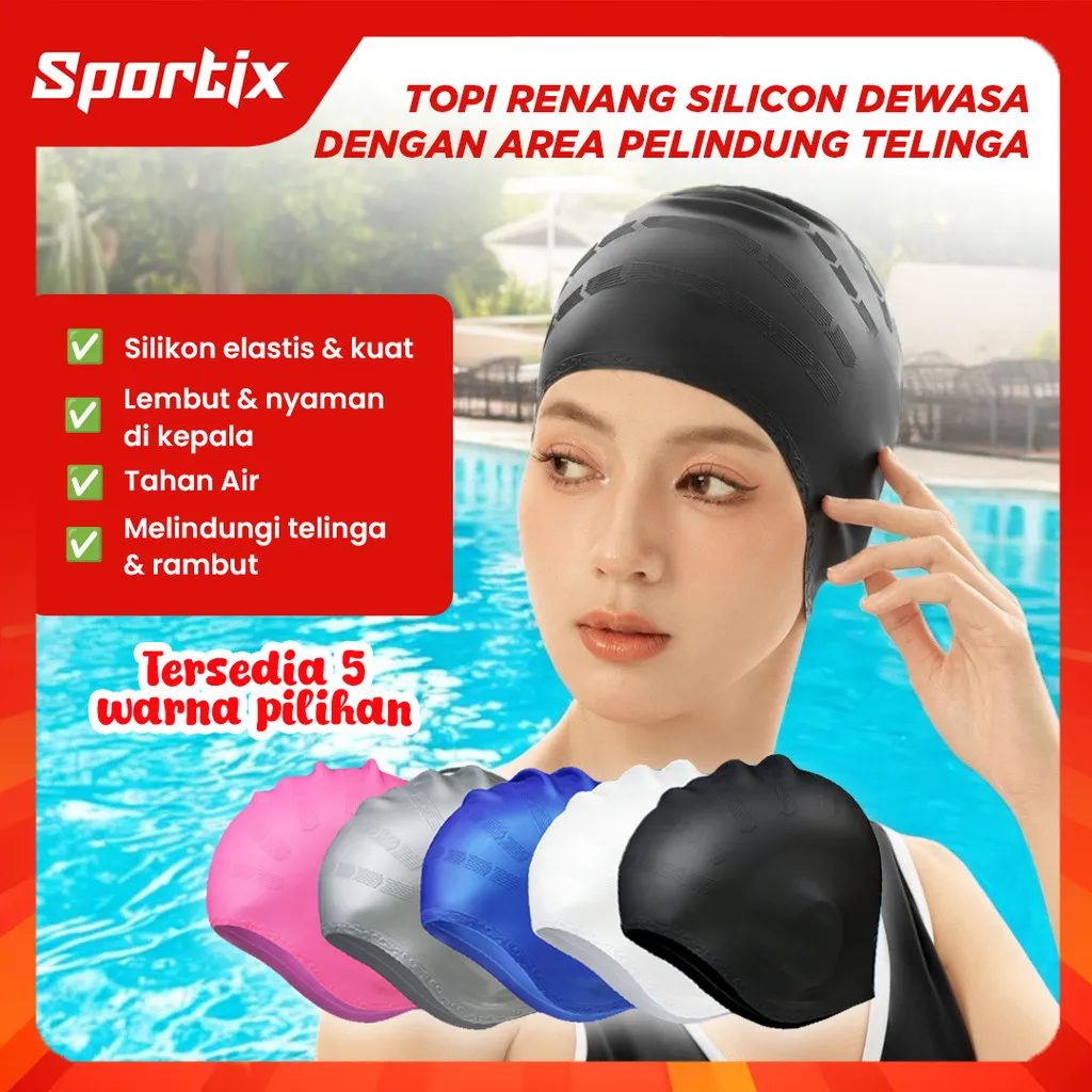 Sportix - Topi Renang Tutup Kuping - Ear Cover Swimming Cap - Topi Renang Dewasa Dengan Pelindung Telinga