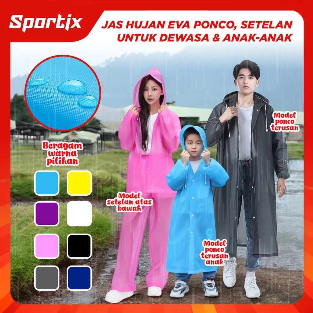 Sportix - Jas Hujan Terusan Ponco - Setelan Polos EVA Raincoat Korea Jas Hujan Transparan