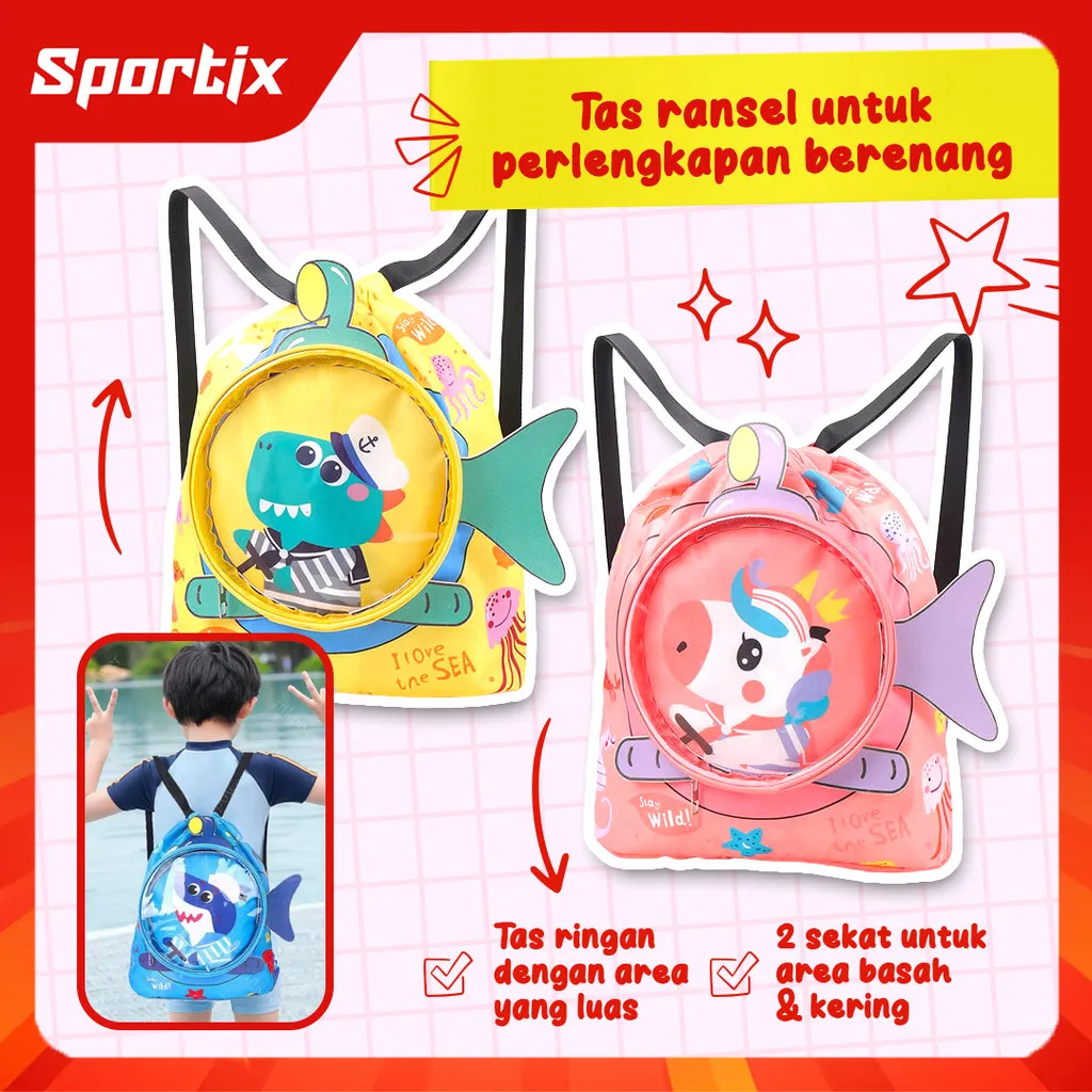 Sportix - Tas Renang Anak Waterproof Motif Lucu – Ransel Sekat Kering & Basah Muat Perlengkapan Berenang