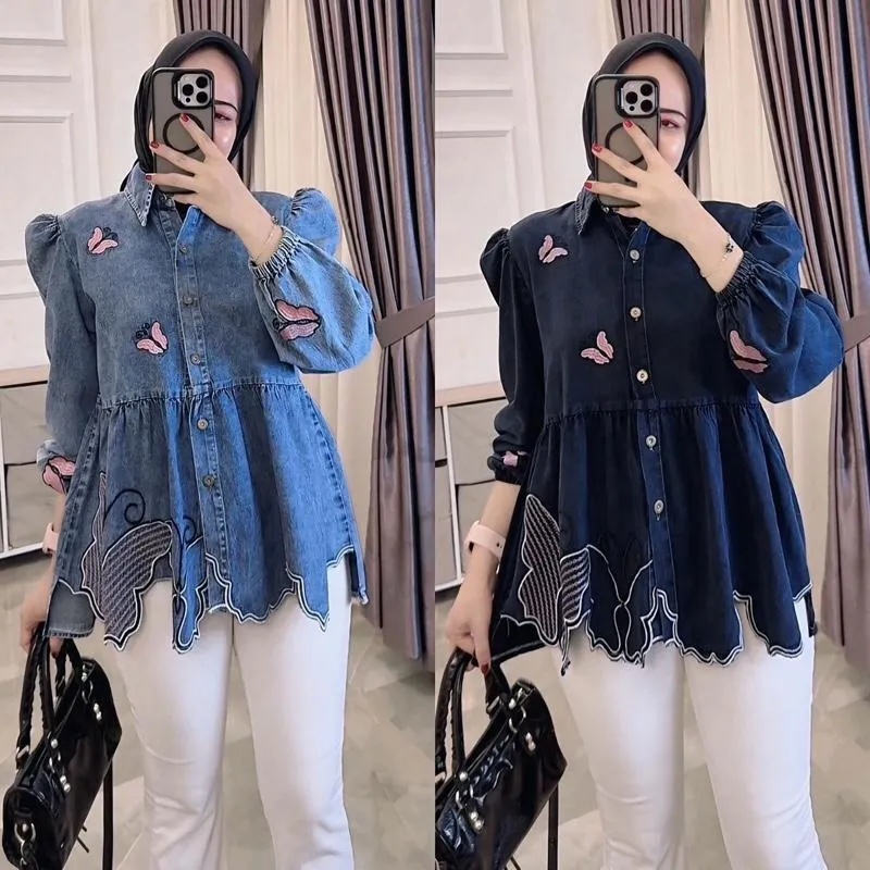 Arie Namia Blouse Jeans Wanita Arie Namia – Bordir Elegan, Bahan Jeans Premium, Busui Friendly, Desain Kekinian, Puff Sleeve, Ruffle, Warna Snow Blue & Snow Black Atasan Baju Cewek Casual