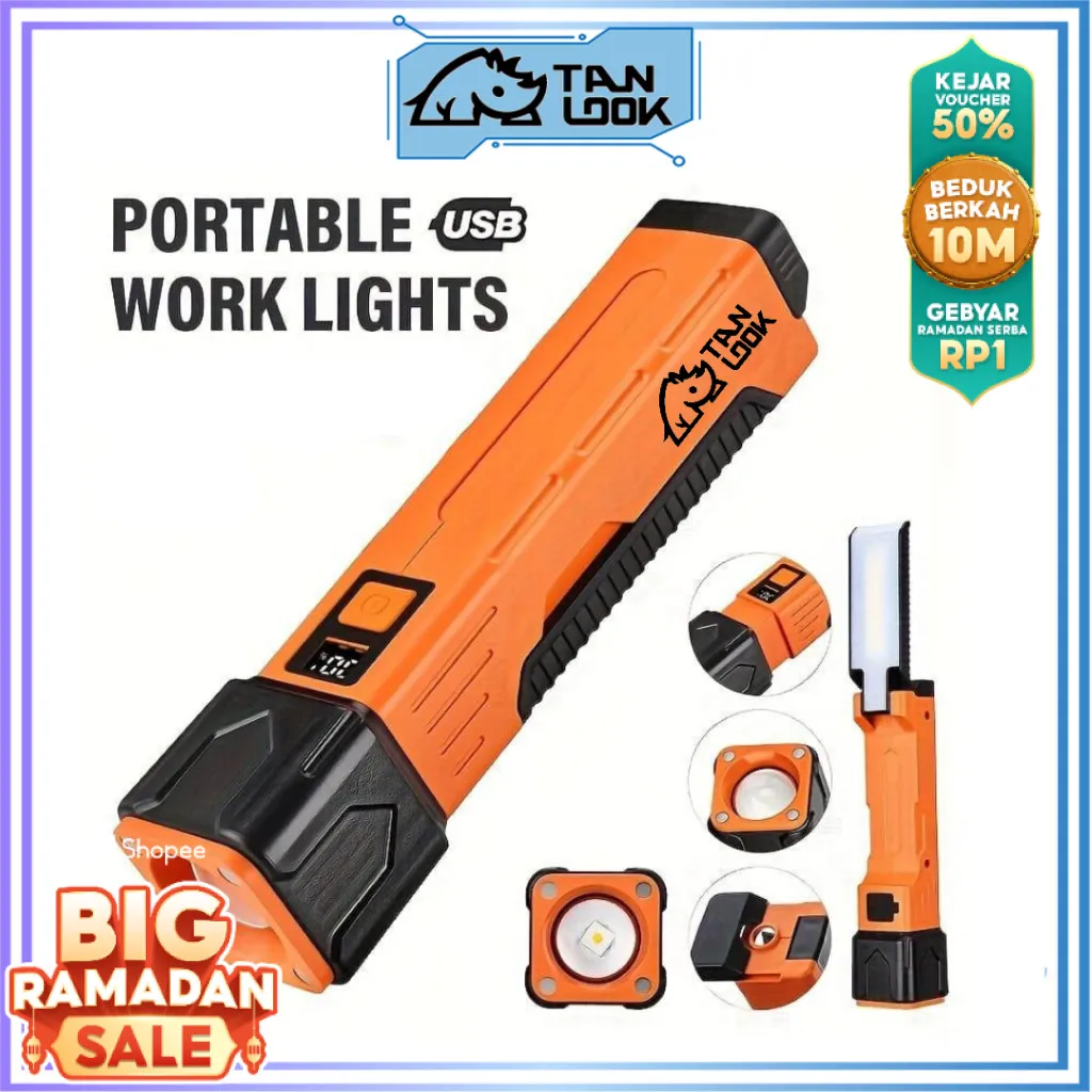 TANLOOK Senter Genggam Multifungsi Lampu Kerja Dengan Lampu Samping Cob Zoom Teleskopik 7 Mode Kepala Dengan Magnet