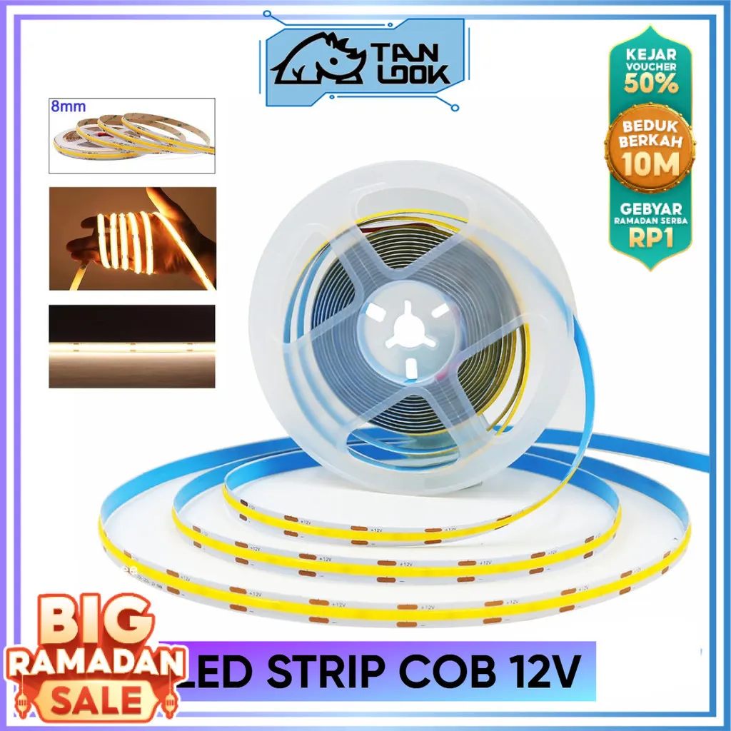 TANLOOK Lampu LED Strip COB DC 12V Cahaya Full 1 roll 5 meter / Lampu Strip 12 Volt / Lampu Ceiling Plafon