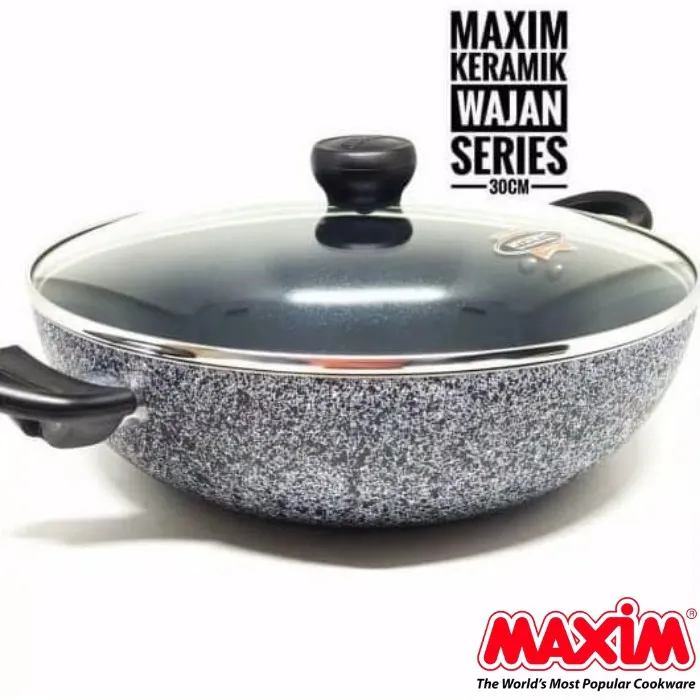 Maxim Neostone Wajan Wok 30cm | Wajan Anti Lengket Marble Keramik + Tutup Kaca 30 cm