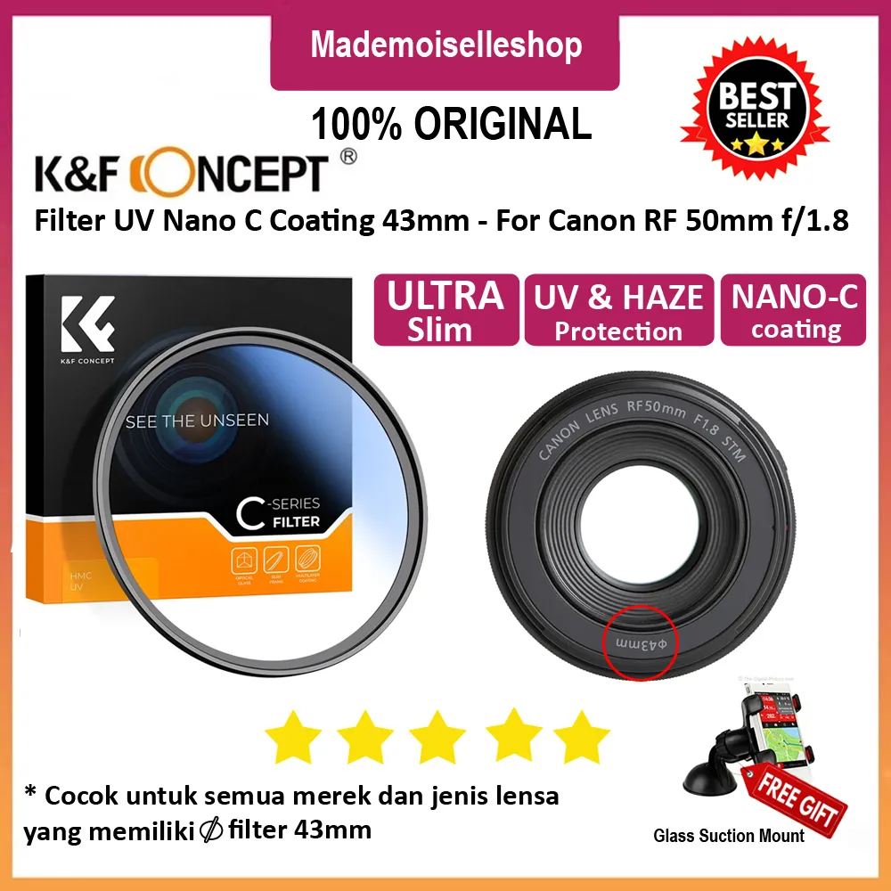 KNF MC UV Filter 43MM - Slim - Filter UV For Canon RF 50mm f/1.8 STM & All lens 43mm Filter Size