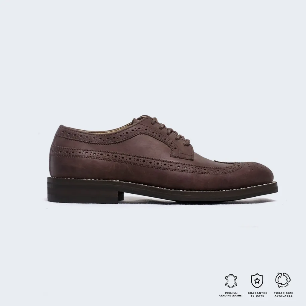 Brygan Craftmanship - Sepatu Kerja Oxford Kulit Asli Pantofel Casual Fantofel Formal Pria Sanada Longwing Crazy Dark Brown Coklat