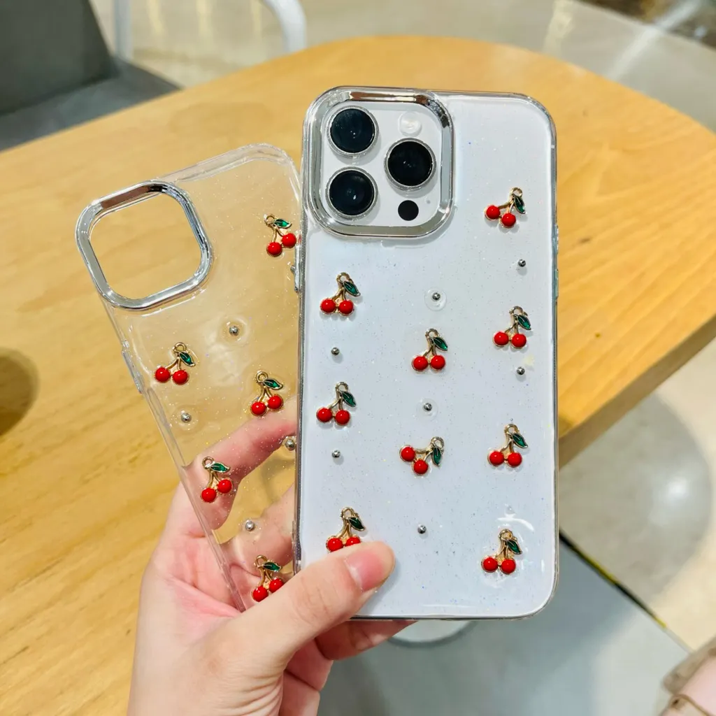 Cherry Clear Glitter Case 3D for IP 11 12 13 14 15 16 17 PRO MAX 14+ 15+ 16+ PLUS Hard Case / Sillicone Premium