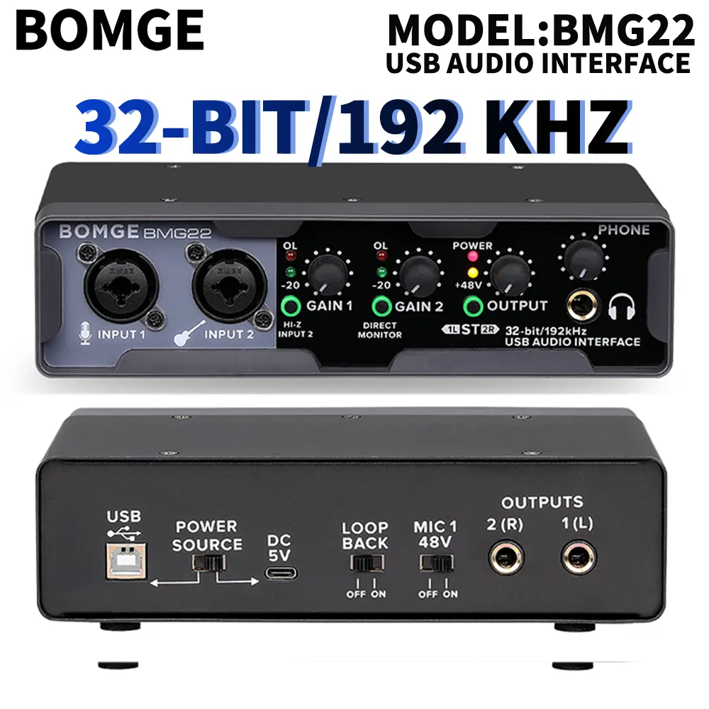 BOMGE BMG22 USB Audio Interface 2x2 32-Bit/192kHz with Studio Performance Mixer & Recording Interface for PC, Mac,Preamp, 48V Phantom Power, Low Noise