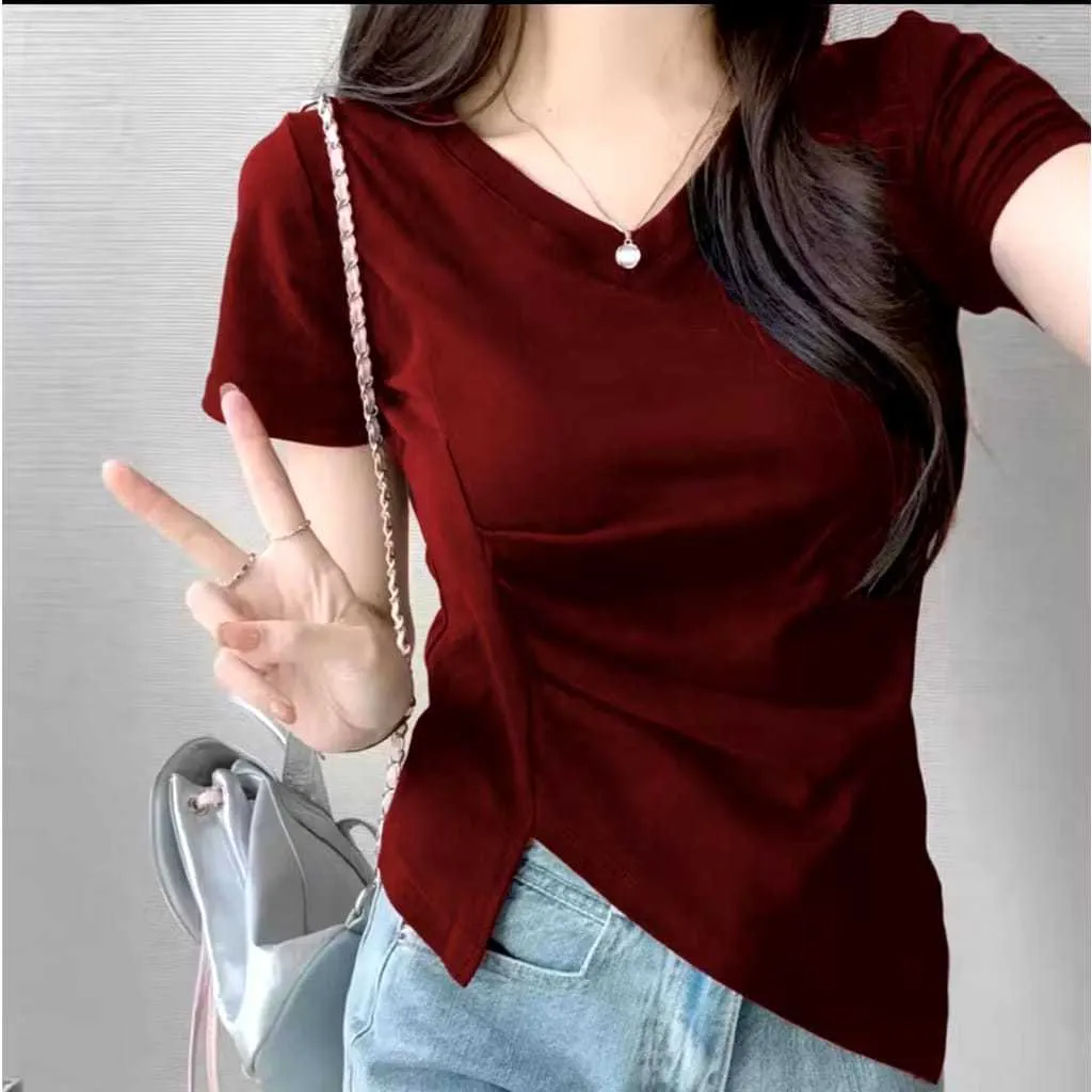 FD Fashion / Kaos V-Neck Lengan Pendek Lipatan Slit Asimetris Samping / Kaos Atasan Wanita Korean Kekinian 6065