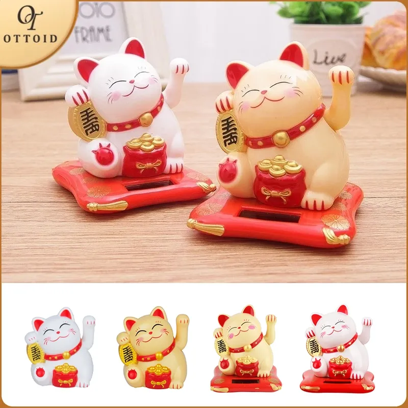 OTTOID Kucing Keberuntungan Mini Kucing Hoki Pajangan Maneki Neko Lucky Cat Hiasan Dashboard Mobil Solar Patung Kucing Hoki