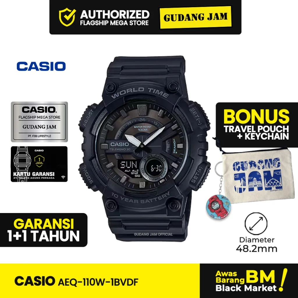 Jam Tangan Pria Casio Original AEQ-110W-1BVDF Dial Black Resin Band