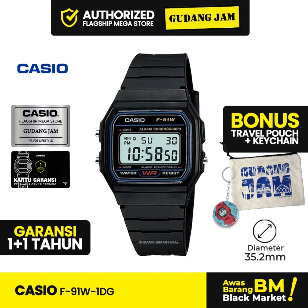 Jam Tangan Pria Casio F-91W-1DG Anti Air Original Black Resin