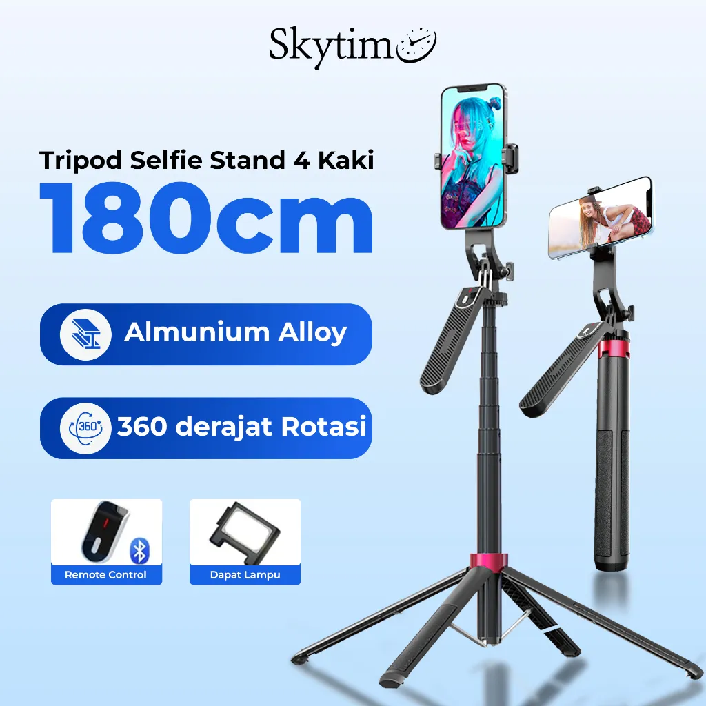 Skytime Tripod TR06 Selfie Stick Bluetooth Remote 360° Rotation 180cm Alluminium Alloy High Quality Tongkat Selfie 4 Kaki Anti Jatuh Kokoh