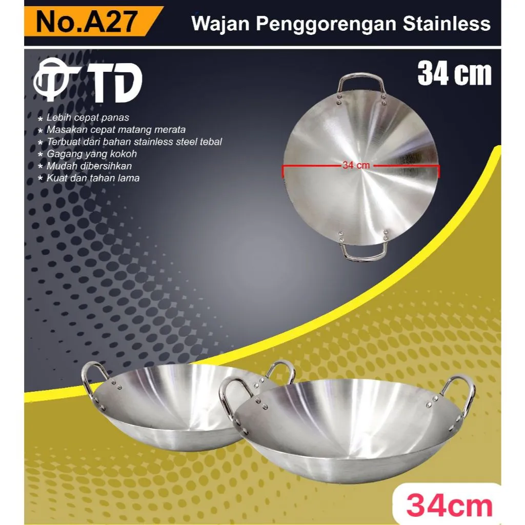 Wajan Stainless TD 30 32 34 36 CM Tebal Dengan Pegangan Stainless Steel Glowing Anti Lengket